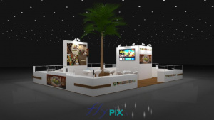 SALON DU-CHOCOLAT : vue générale en 3D, en simulation, pour voir la disposition des différents éléments : comptoir, mobilier, TV, PLV, panneaux imprimés, plantes.