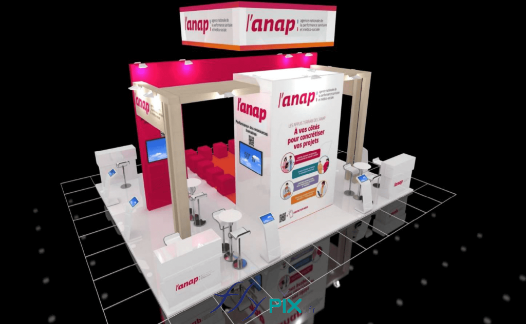 ANAP : modélisation en 3D par notre infographiste, présentant une simulation du stand, et qui a été validé par le commanditaire final pour le salon professionnel.