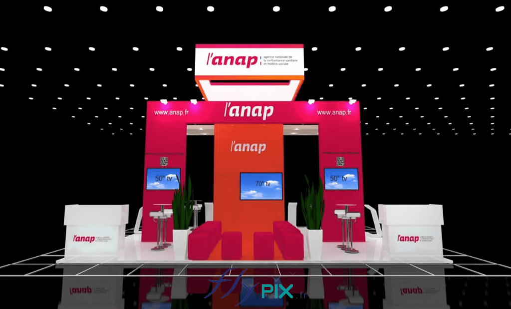 ANAP : une autre vue générale de façade en simulation 3D du stand de salon professionnel lors de l'étude de conception.