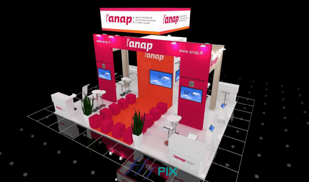 ANAP : une autre vue générale du stand de salon professionnel, réalisée en modélisation d'infographie 3D, par notre infographiste, pendant l'étude de conception.