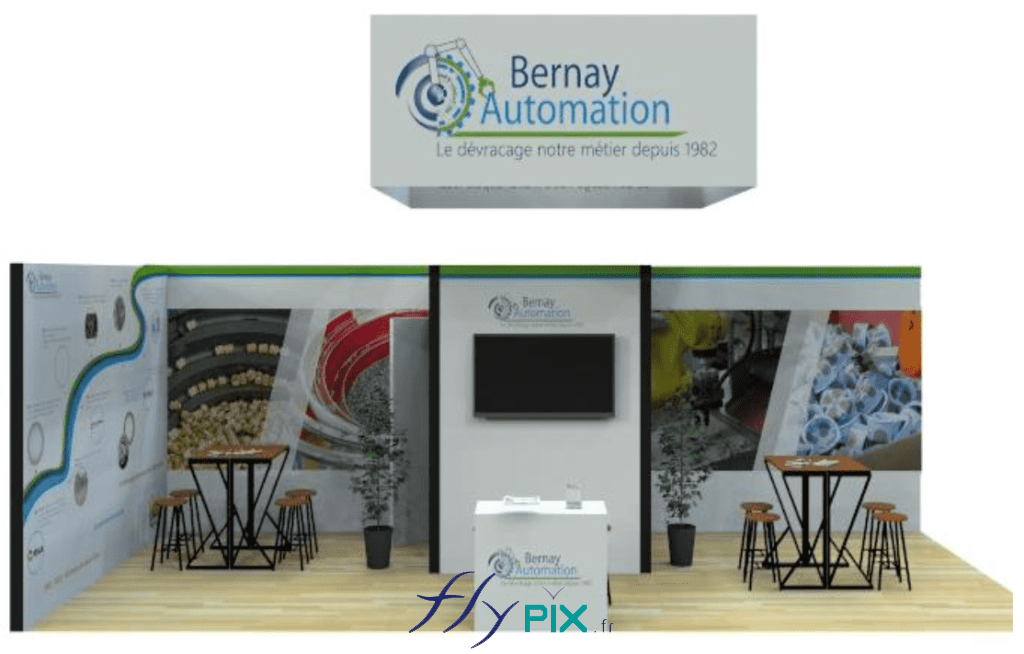 BERNAY AUTOMATION : une autre simulation en 3 dimensions faite par notre infographiste, une vue de façade, avec les différents éléments composant le stand modulaire de salon professionnel.