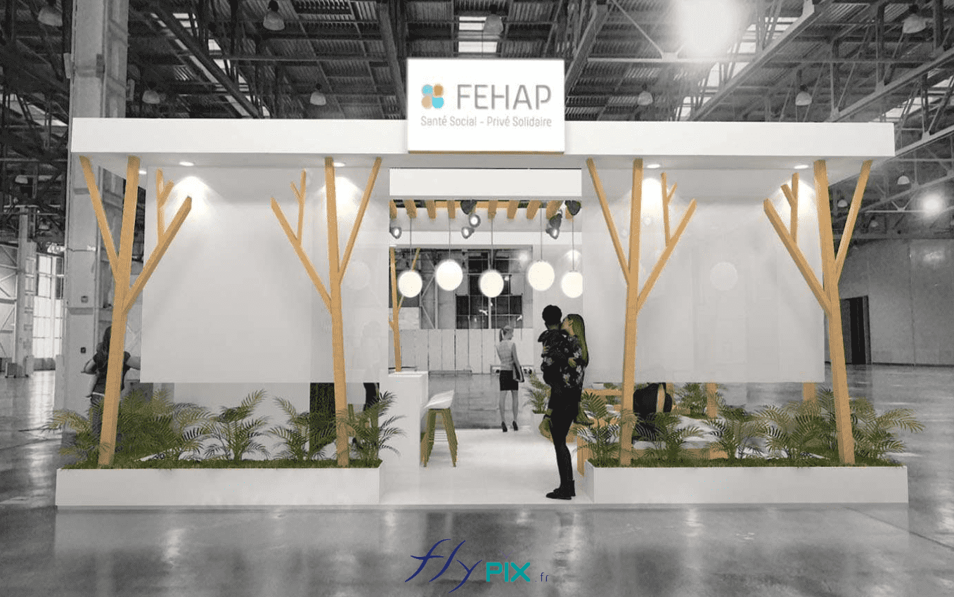 FEHAP : concept et design, simulation en infographie 3D, vue générale du stand menuiserie, salon professionnel.