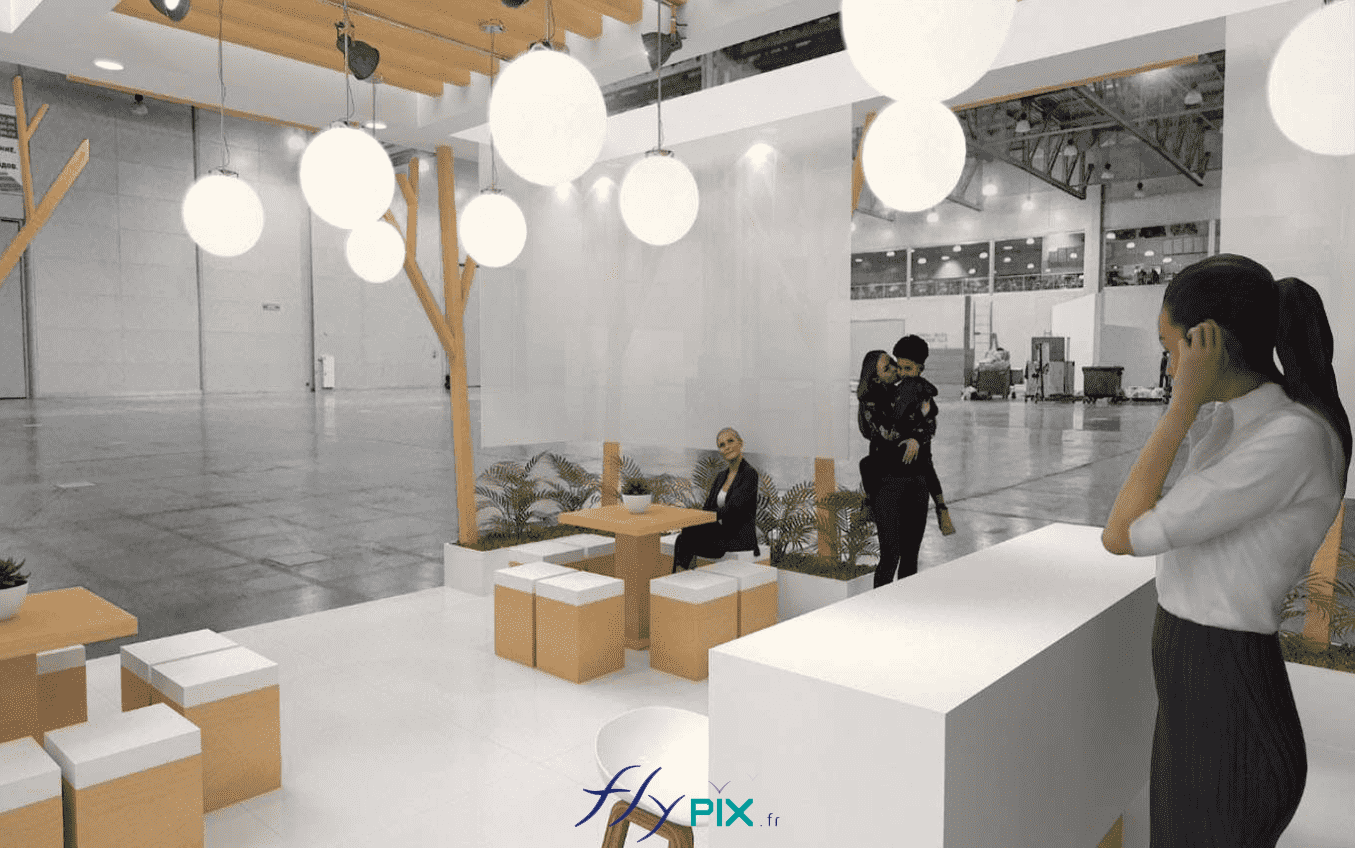 FEHAP : simulation et modélisation 3D, vue depuis le point de vue intérieur du stand de salon professionnel, afin de présenter le concept au commanditaire - comptoir, mobilier, chaises, tables, meubles, luminaires.