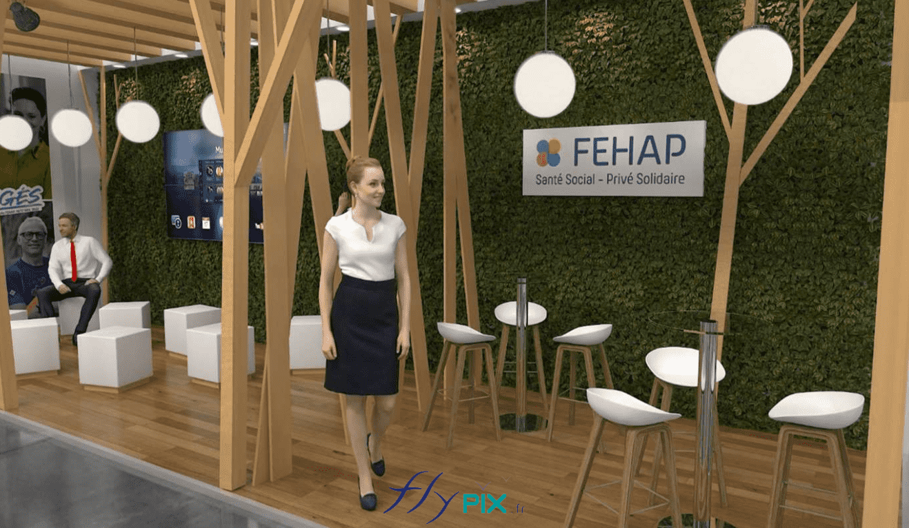 FEHAP : vue en modélisation en infographie 3D, prévisualisation et simulation du concept de l'intérieur du stand menuiserie : mobilier, chaises, sièges, bois, sol en lino, lampadaires et lumières, faux mur végétal.