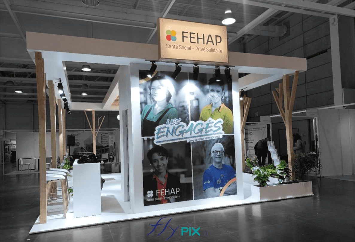 FEHAP : vue générale du résultat final obtenu, une fois le stand posé et installé, monté par notre équipe de standiste, pendant le salon professionnel.