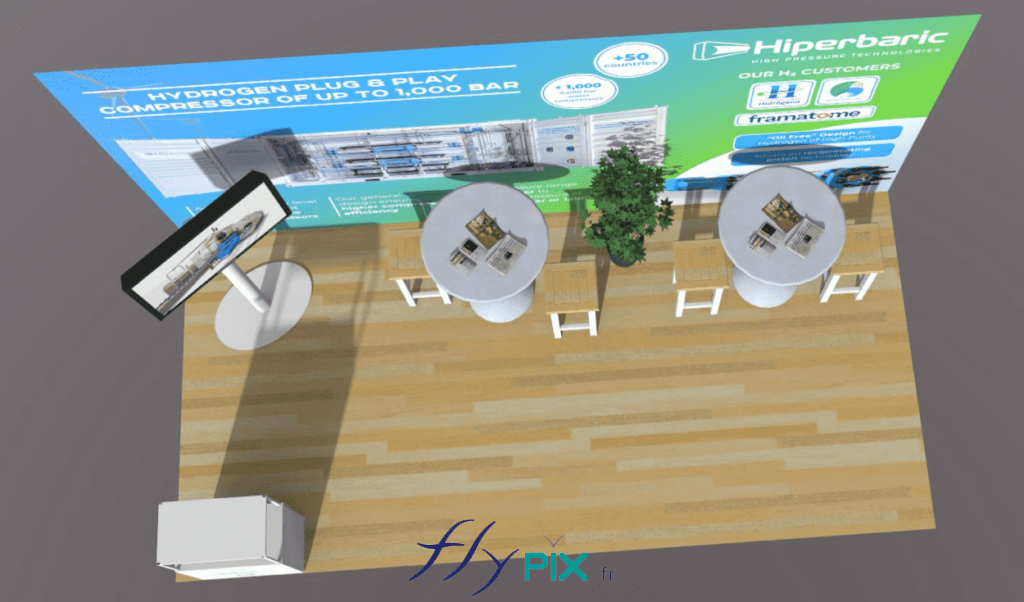 HIPERBARIC : une vue générale du dessus du stand modulaire, en infographie et en modélisation 3D, permettant d'observer les différents éléments du stand : TV, comptoir, tables, chaises, grand panneau PLV imprimé.