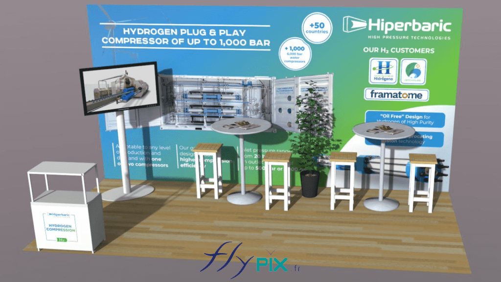 HIPERBARIC : une vue de simulation et de modélisation en 3D de façade du stand modulaire, avec la disposition des différents composants : TV, comptoir, tables, chaises, grand panneau PLV imprimé.