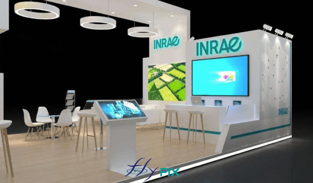 INRAE : infographie de modélisation en 3D, vue générale présentant le concept et une simulation du stand, pour le salon professionnel.