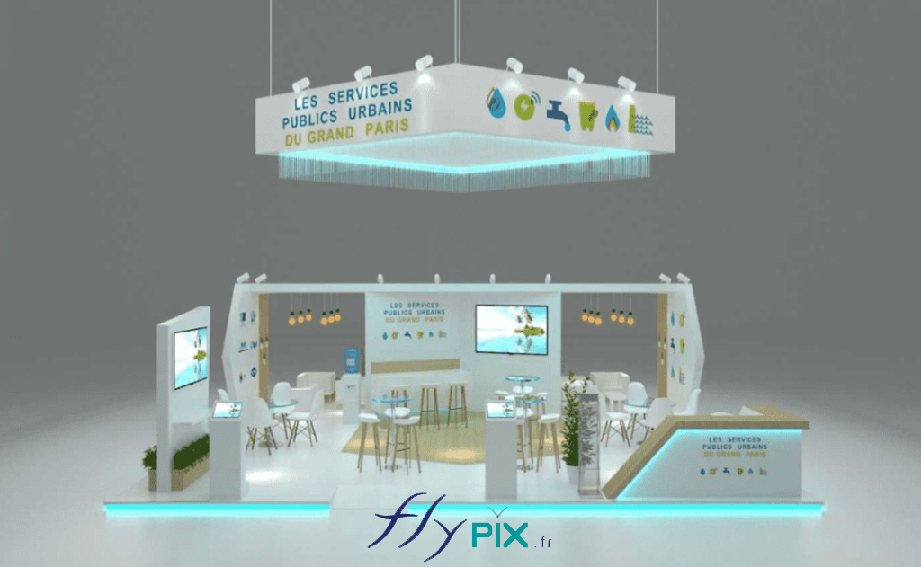 LES SERVICES PUBLICS URBAINS DU GRAND PARIS : une autre vue générale du stand en 3D, en façade de face, présentant une simulation du concept.