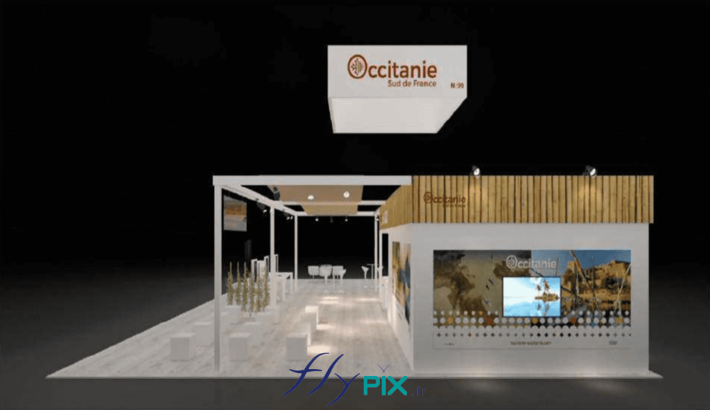 OCCITANIE : simulation et modélisation 3D, vue extérieure de profil, pour la conception et le design, vue depuis le point de vue extérieur du stand de salon professionnel, afin de présenter le concept au commanditaire.