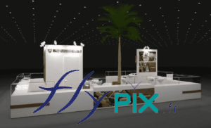 SALON DU-CHOCOLAT : vue générale en 3D, en simulation, pour voir la disposition des différents éléments : comptoir, mobilier, TV, PLV, panneaux imprimés, plantes.