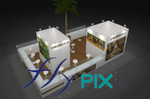 SALON DU-CHOCOLAT : vue générale en 3D, faite par notre infographiste, pour la conception et le design du stand, en guise de simulation.