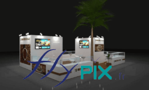 SALON DU-CHOCOLAT : vue générale en 3D, en simulation, pour voir la disposition des différents éléments : comptoir, mobilier, TV, PLV, panneaux imprimés, plantes.