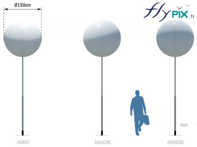 Echelle et proportion d'un ballon sur mat imprimé D = 1.5 m par rapport à un être humain