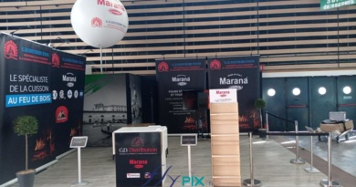 Vue générale du stand de GD Distribution, pour leur présentation d'événement de leur salon professionnel, avant l'arrivée des visiteurs. Stand modulaire, avec plusieurs Roll-up imprimés et un ballon sur mat sphérique personnalisé et imprimé, une sphère de D = 1.5 m monté sur un mat télescopique H = 6 m, pied platine.