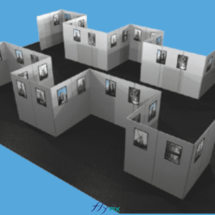 Exemple de vue d'infographie et de modélisation en 3D, validé lors de la conception d'un stand modulaire pour un salon professionnel, avec représentés les différents éléments : panneaux, PLV imprimés.