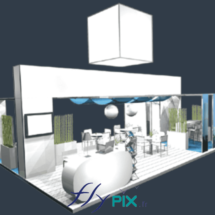 Exemple de vue d'infographie et de modélisation en 3D, validé lors de la conception d'un stand de salon professionnel, avec représentés les différents éléments : sol, mobilier, cube suspendu, panneaux PLV imprimés...